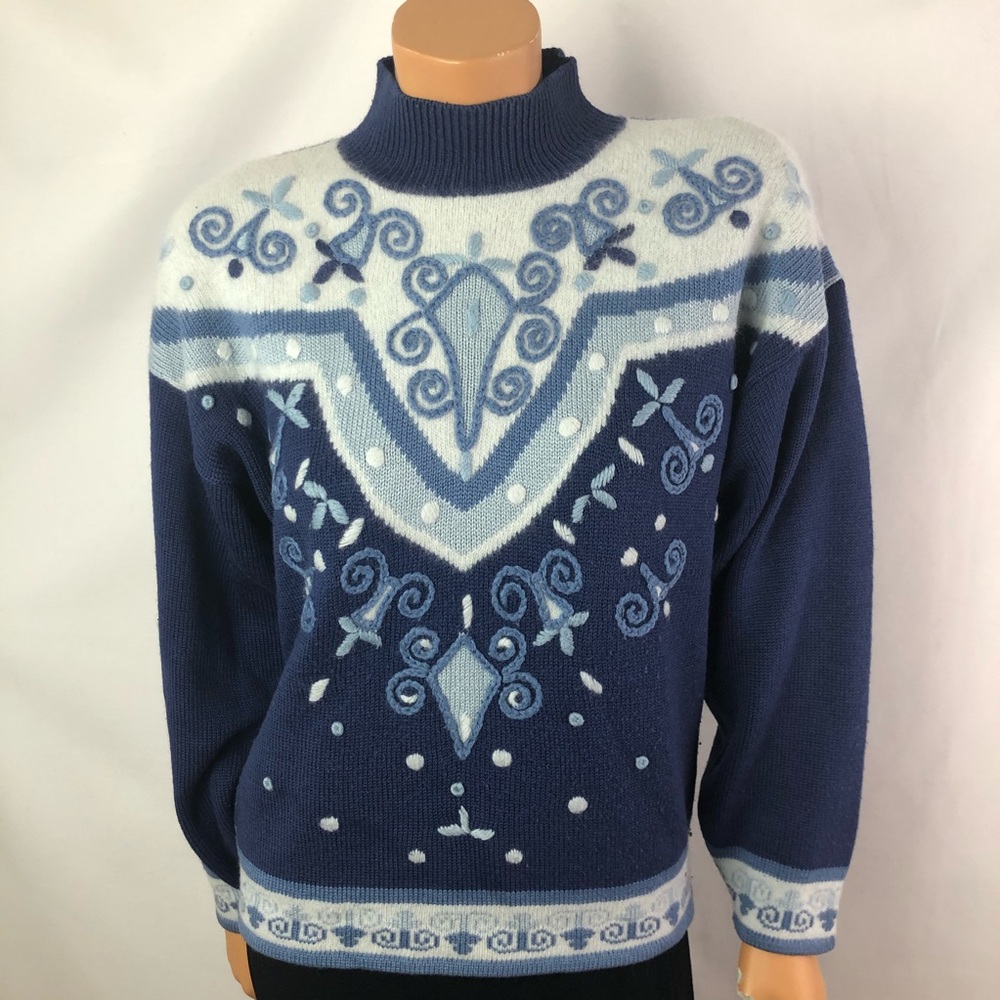 René Derhy vintage 80s white blue sweater Sz M